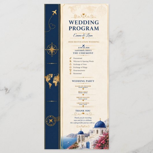 Trouwprogramma voor Navy Gold Destination-huwelijk Programmakaart (Voorkant)
