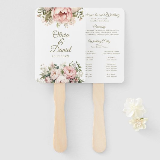 Trouwprogramma-waaier met bloemen | Roze en perzik Handwaaier (Voorkant en achterkant)