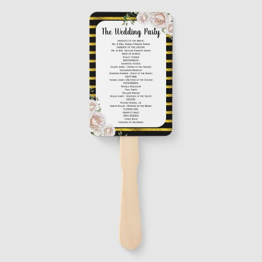 Trouwprogramma-waaier met zwarte gouden roze rozen handwaaier (Achterkant)