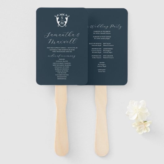 Trouwprogramma waaier Navy blauw Klassiek monogram (Voorkant en achterkant)