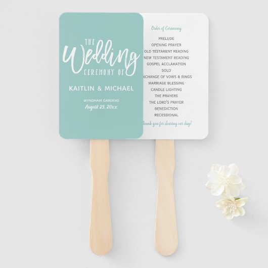 Trouwprogramma Waaiers -Brush Script-Licht Turquoi (Voorkant en achterkant)