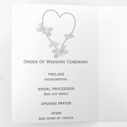 Trouwprogramma Zilveren Hart Vlinders Drieluik Programma (Binnenzijde eerst)