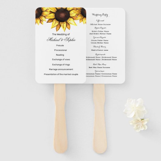 Trouwprogramma Zonnebloem Witte Gele Bloemwaaiers Handwaaier (Voorkant en achterkant)