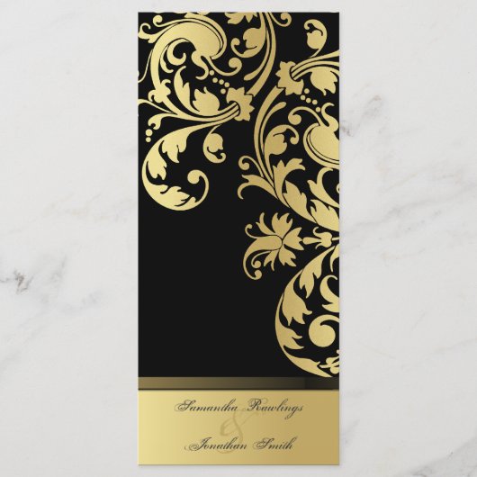 Trouwprogramma - Zwart & Goud Shimmer Bloemen Programmakaart (Voorkant)
