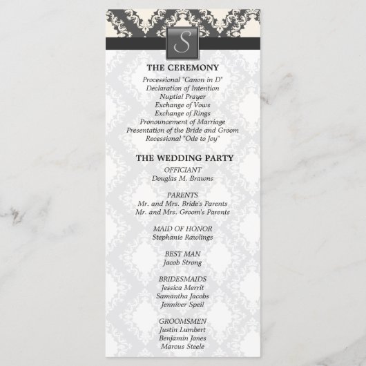 Trouwprogramma - Zwart-wit Damast Monogram Programmakaart (Achterkant)