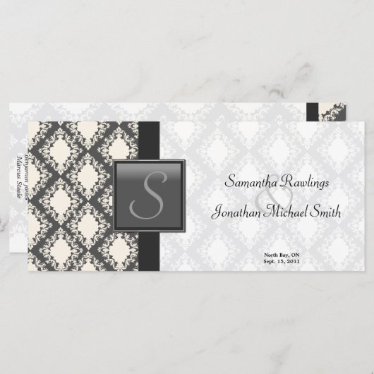 Trouwprogramma - Zwart-wit Damast Monogram Programmakaart (Voorkant / Achterkant)