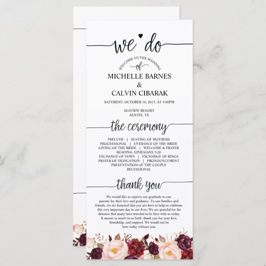 Trouwprogrammakaart in rustiek kalligrafieontwerp programmakaart (Voorkant / Achterkant)