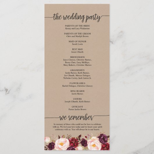 Trouwprogrammakaart in rustiek kalligrafieontwerp programmakaart (Achterkant)