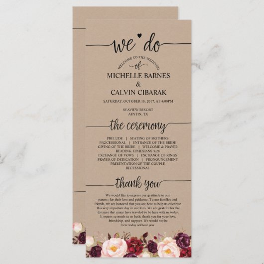 Trouwprogrammakaart in rustiek kalligrafieontwerp programmakaart (Voorkant / Achterkant)