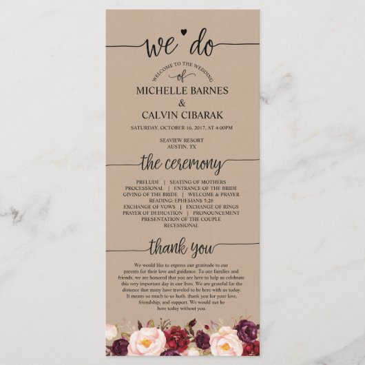 Trouwprogrammakaart in rustiek kalligrafieontwerp programmakaart (Voorkant)