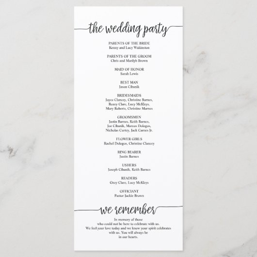 Trouwprogrammakaart in rustiek kalligrafieontwerp programmakaart (Achterkant)