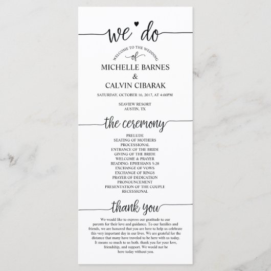 Trouwprogrammakaart in rustiek kalligrafieontwerp programmakaart (Voorkant)