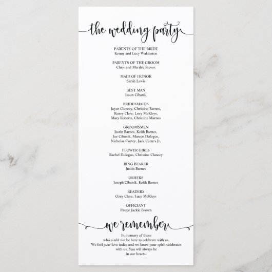 Trouwprogrammakaart in rustiek kalligrafiethema programmakaart (Achterkant)