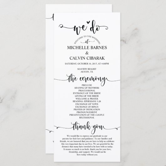 Trouwprogrammakaart in rustiek kalligrafiethema programmakaart (Voorkant / Achterkant)