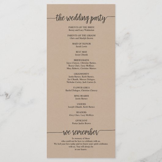 Trouwprogrammakaart rustieke kalligrafie ontwerp v programmakaart (Achterkant)