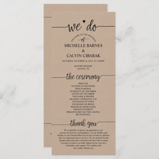 Trouwprogrammakaart rustieke kalligrafie ontwerp v programmakaart (Voorkant / Achterkant)