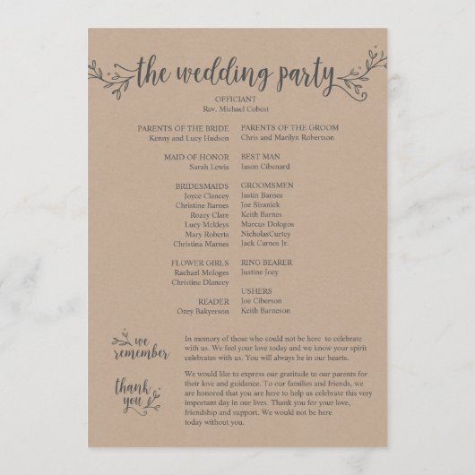 Trouwprogrammakaart rustieke kraft (5x7 inch) programmakaart (Achterkant)