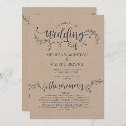 Trouwprogrammakaart rustieke kraft (5x7 inch) programmakaart (Voorkant / Achterkant)
