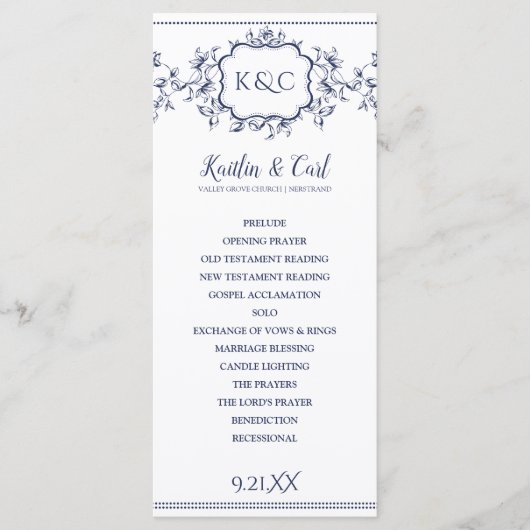 Trouwprogramma's - Elegant Navy Blue Vines Programmakaart (Voorkant)