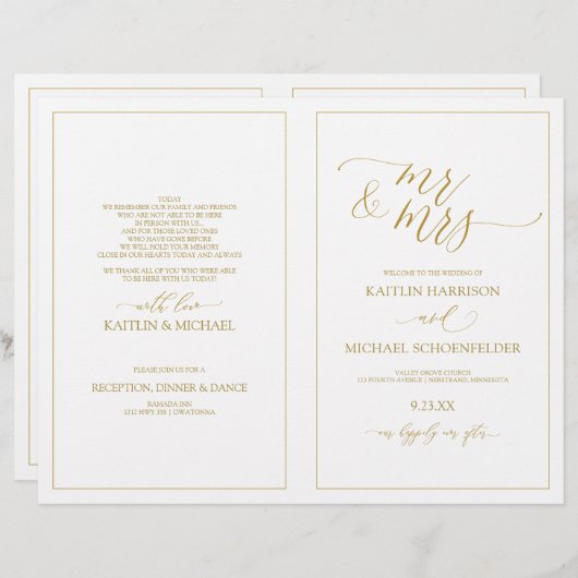 Trouwprogramma's Elegante Dunne Calligrafie (Goud) (Voorkant / Achterkant)