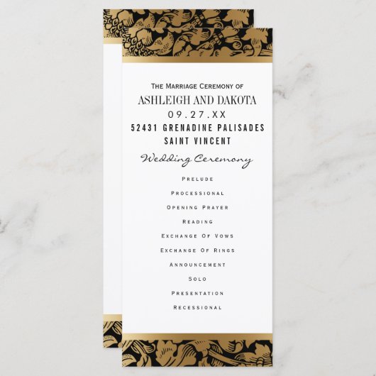 Trouwprogramma's | Golden Floral Damask op zwart Programmakaart (Voorkant / Achterkant)