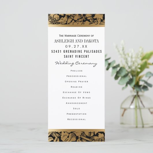 Trouwprogramma's | Golden Floral Damask op zwart Programmakaart (Staand voorkant)