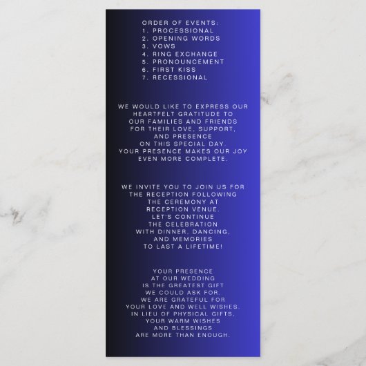 Trouwprogramma's in minimalistische Midnight Blue Programmakaart (Achterkant)