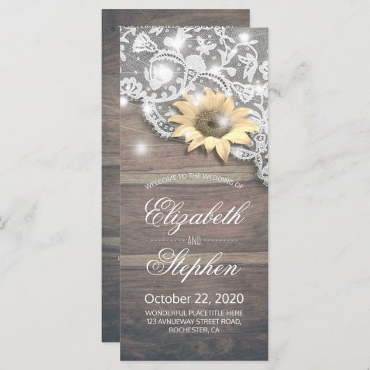 Trouwprogramma's Lace Sunflower Rustieke Houten Li Programmakaart (Voorkant / Achterkant)