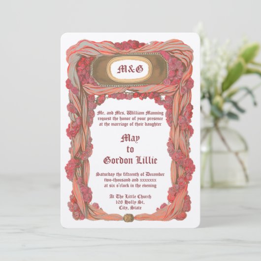 Trouwrand met rozen & draperie bloemmotief uit 190 kaart (Staand voorkant)