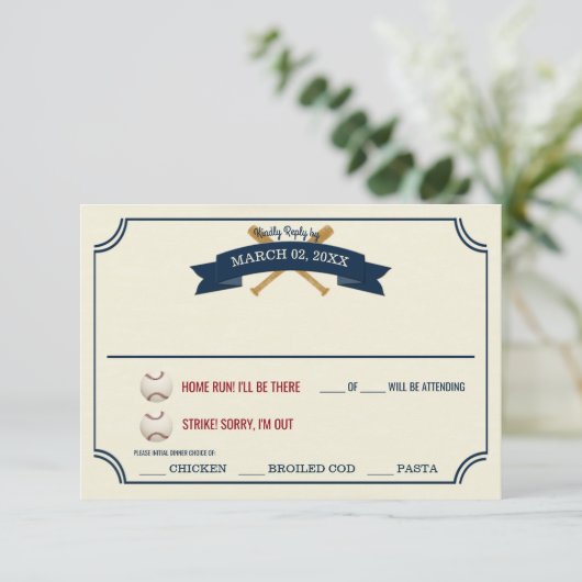 Trouwreactie in vintage honkbalstijl RSVP kaartje (Staand voorkant)