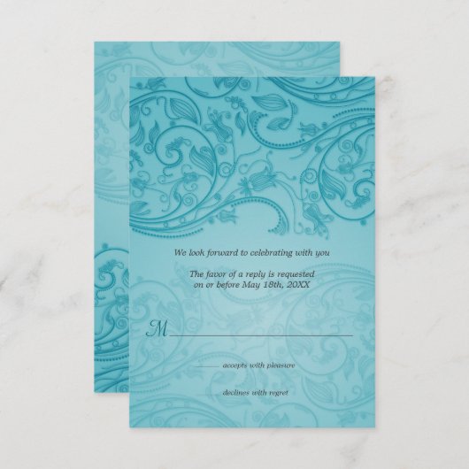 Trouwreactie met Turkoois Bloemmotief RSVP Kaartje (Voorkant / Achterkant)