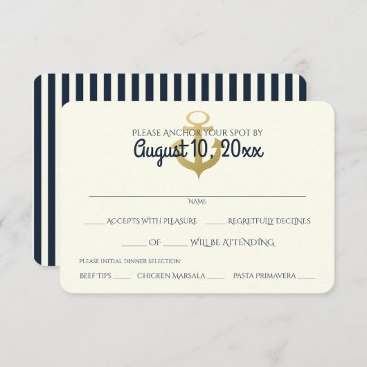 Trouwreactie Nautische Marine en Gouden Anker RSVP Kaartje (Voorkant / Achterkant)