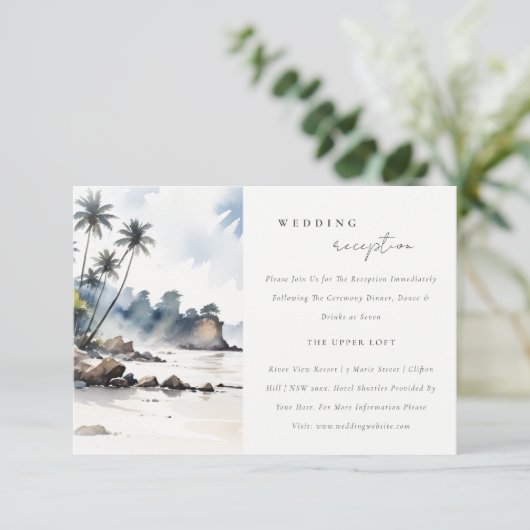 Trouwreceptie aan het strand met palmbomen in kust informatiekaartje (Staand voorkant)
