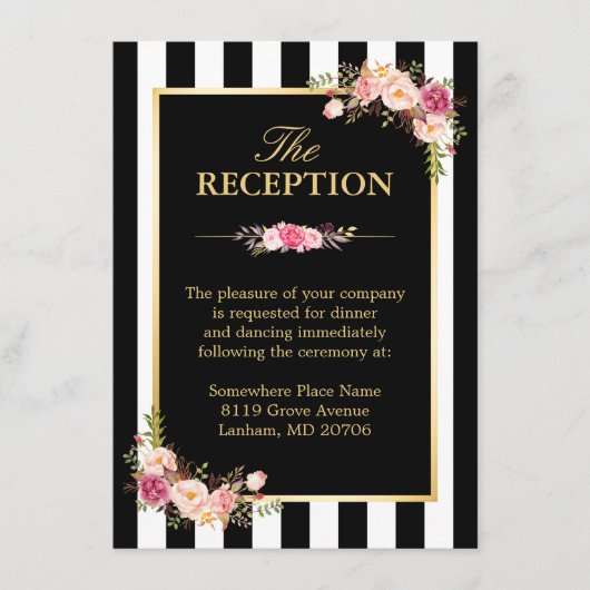 Trouwreceptie Bloemengoud Zwart Witte Strepen Informatiekaartje (Voorkant)