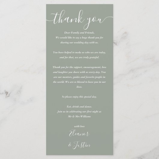 Trouwreceptie Dankjewel Sage Green Plaatskaart Menu (Voorkant)
