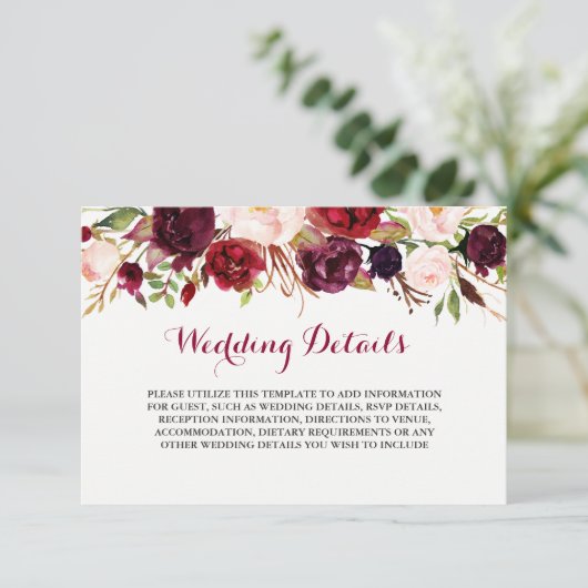 Trouwreceptie Details in Bloemrijk Bourgondië Informatiekaartje (Staand voorkant)