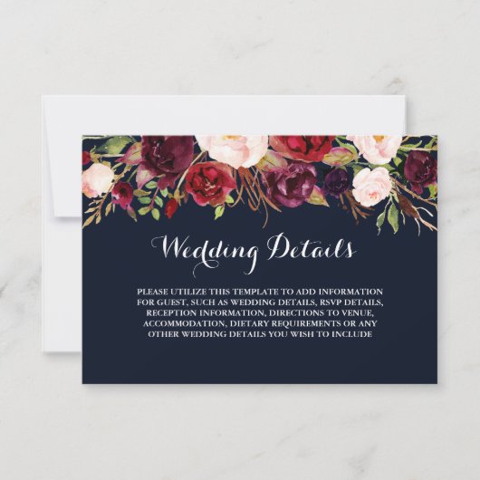 Trouwreceptie Details in Bloemrijk Burgundy Navy Kaart (Voorkant)
