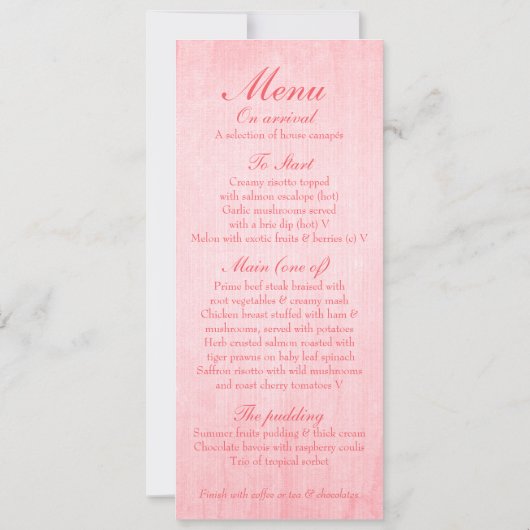 Trouwreceptie diner menu met roze roosknop kaart (Achterkant)