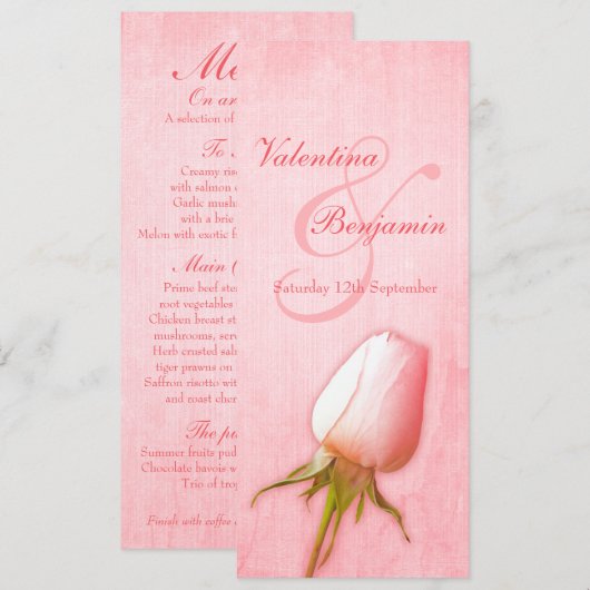 Trouwreceptie diner menu met roze roosknop kaart (Voorkant / Achterkant)