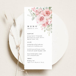 Trouwreceptie dinermenu met blozende roos bloemmot menu