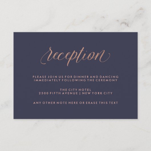 Trouwreceptie in Middelblauw en Nep Roze Goud Informatiekaartje (Voorkant)