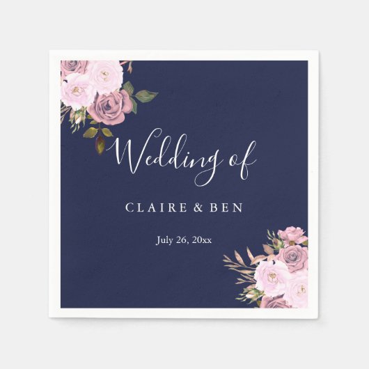 Trouwreceptie in Navyblauw & Roségoud met bloemen Servet (Voorkant)