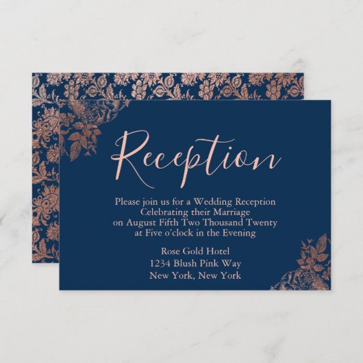 Trouwreceptie in Rose Goud en Marineblauw Informatiekaartje (Voorkant / Achterkant)