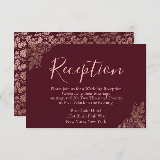 Trouwreceptie in roze goud en bordeauxrood informatiekaartje (Voorkant / Achterkant)