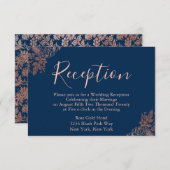 Trouwreceptie in roze goud en marineblauw informatiekaartje (Voorkant / Achterkant)