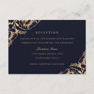 Trouwreceptie in Vintage Goud en Marinebloemen Kaart