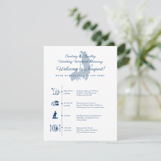 Trouwreceptie Itinerary Tijdlijn Newport RI Informatiekaartje (Staand voorkant)