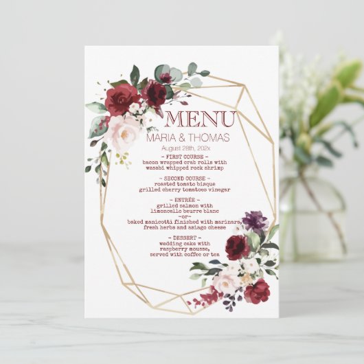 Trouwreceptie menu kaart bloem (Staand voorkant)