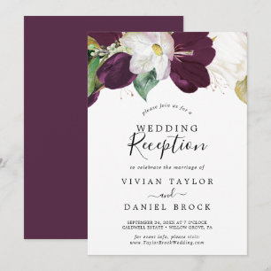 Trouwreceptie met sombere paarse bloemen kaart
