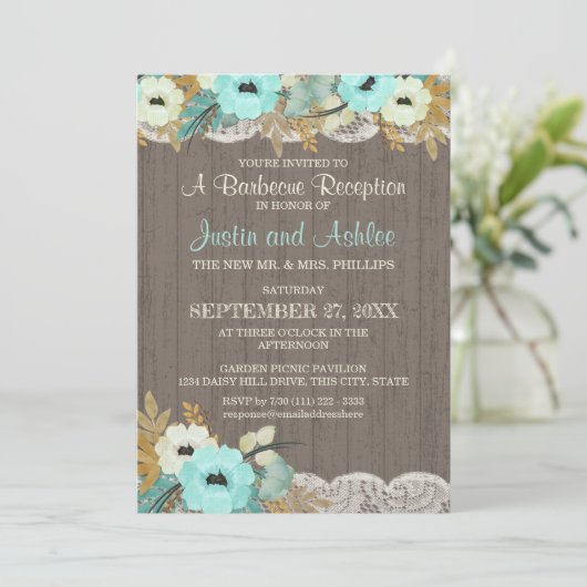 Trouwreceptie met theeroos bloem en kant rustieke  kaart (Staand voorkant)